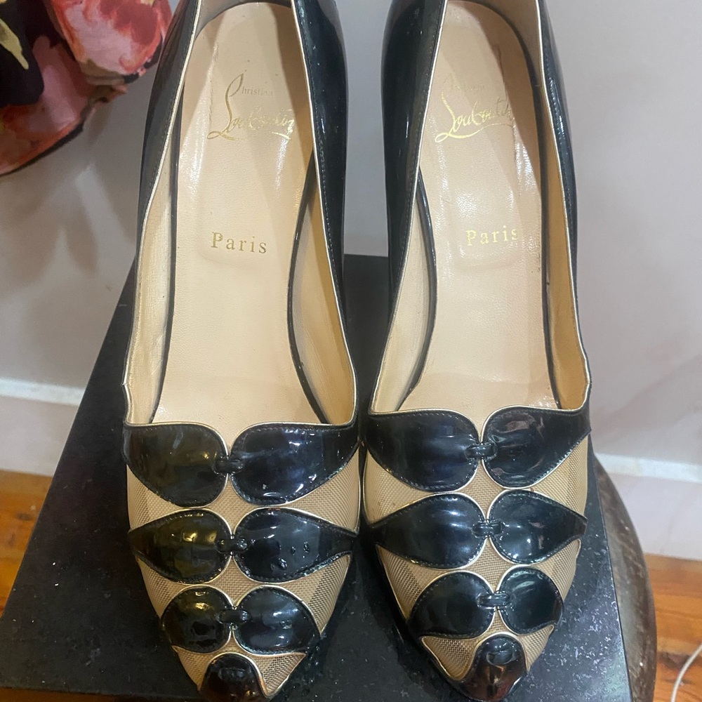 Christian Louboutin Black Patent Leather and Mesh Pumps - Picture 4 of 10